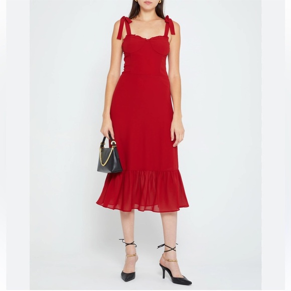 O.P.T. Toile de Jouy Red Tie Strap Midi Dress - Picture 3 of 15